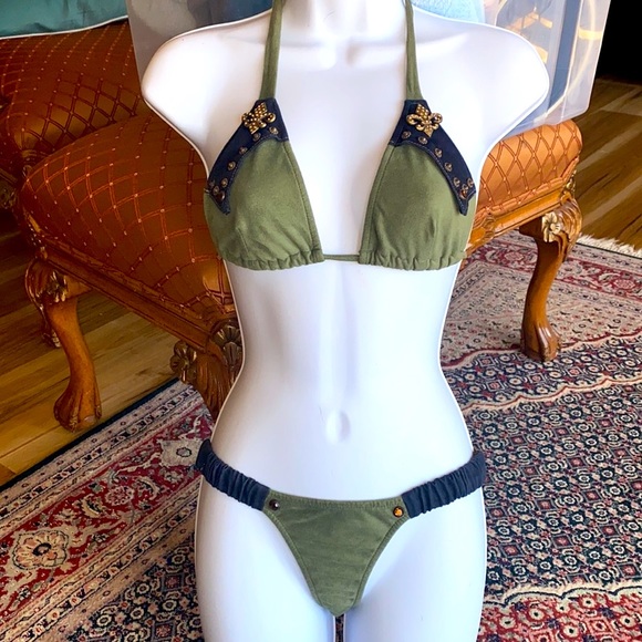 J Valentine Swim J Valentine Olive Army Green Jeweled Bikini Suede